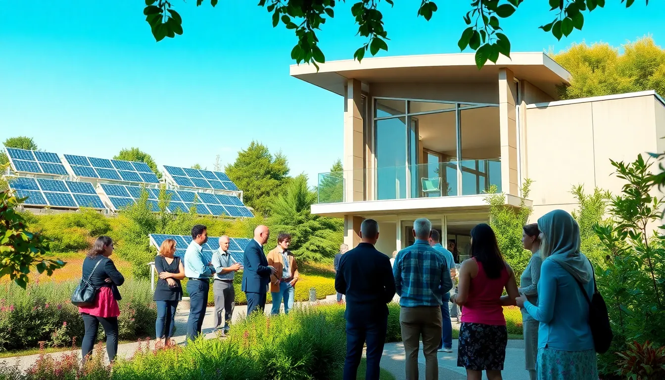 eco-friendly building with professionals discussing sustainability practices.