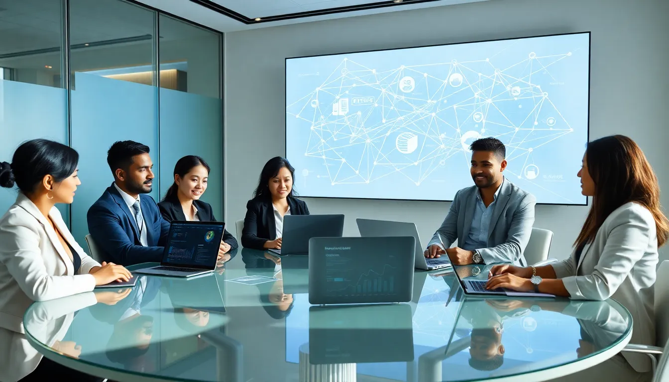 diverse team discussing blockchain technology in a modern office.