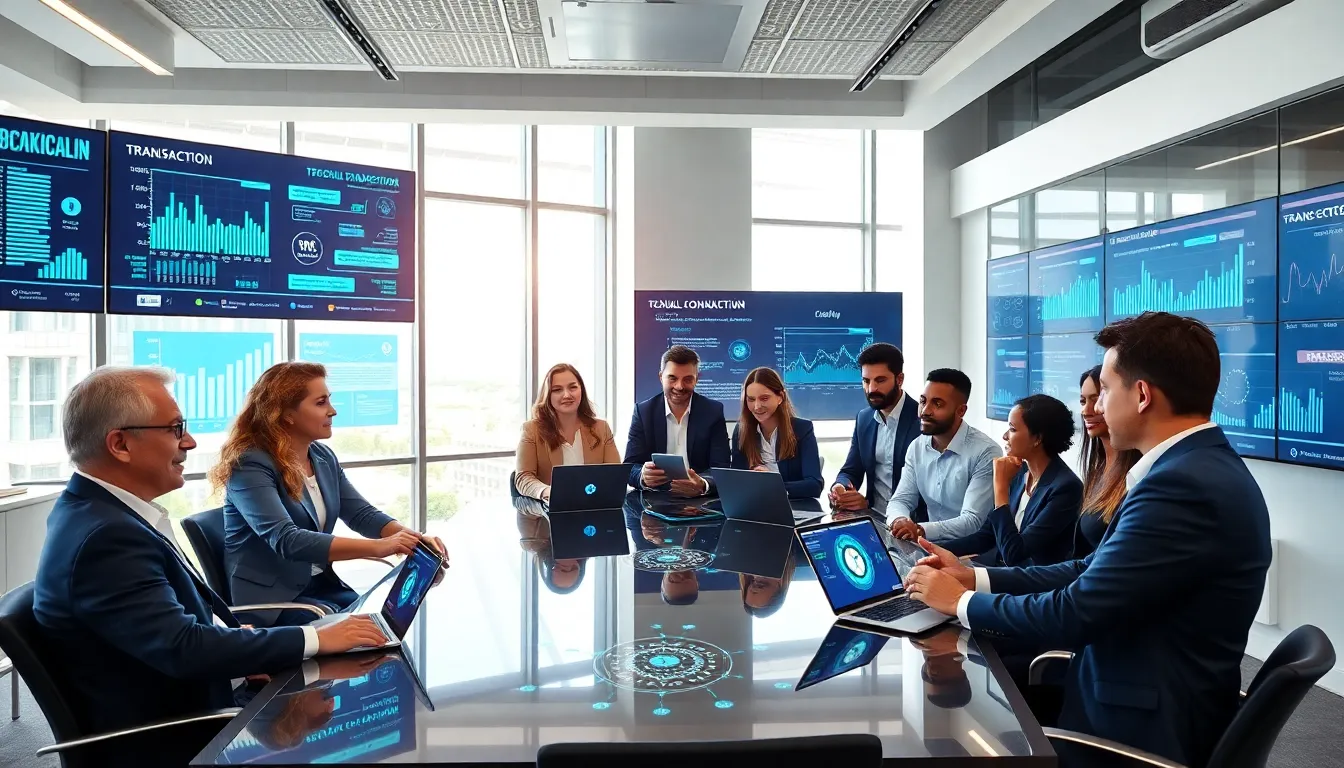 diverse team discussing blockchain technology in a modern office.