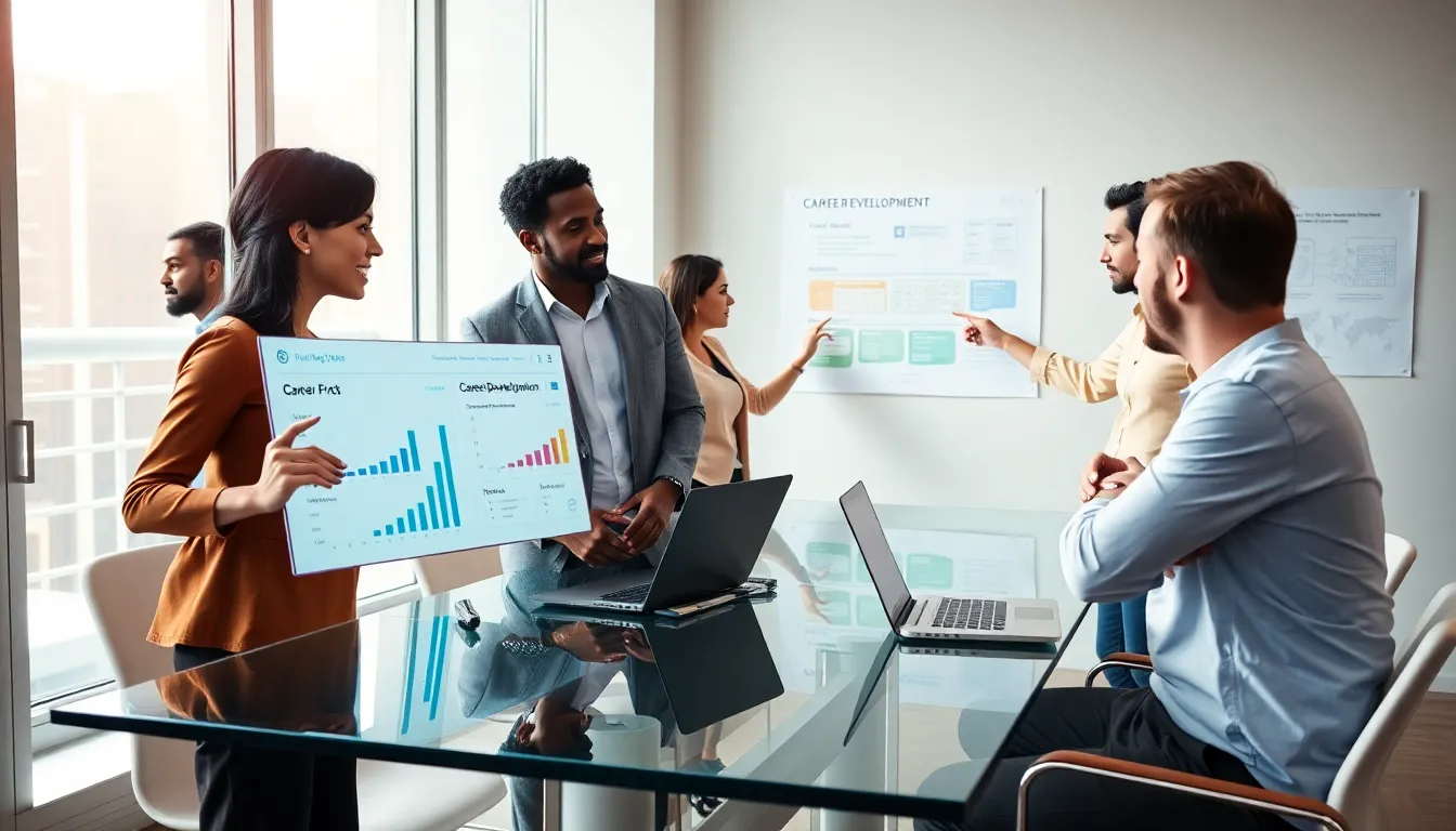 diverse professionals discussing career development solutions in a modern office.