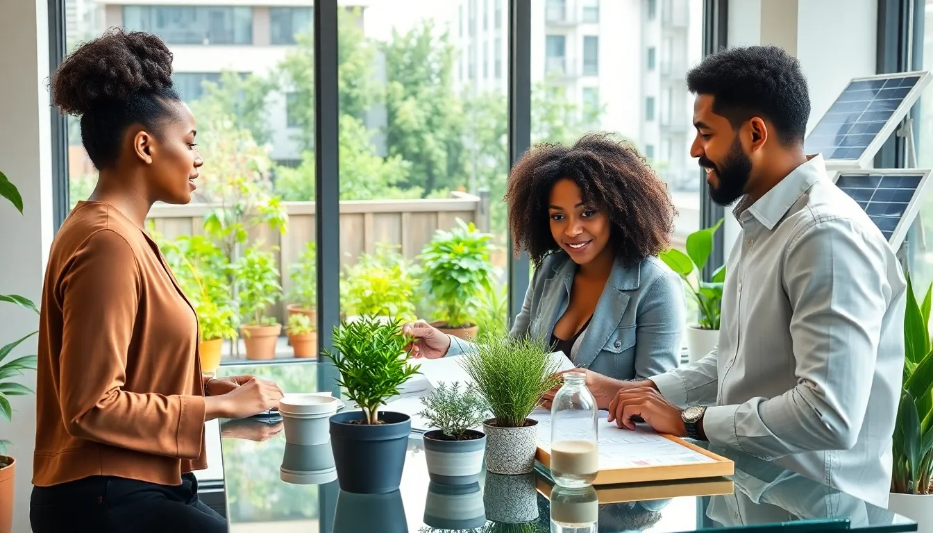 professionals collaborating on sustainable living initiatives in an urban setting.