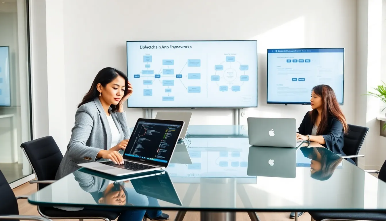 diverse professionals discussing blockchain frameworks in a modern office.
