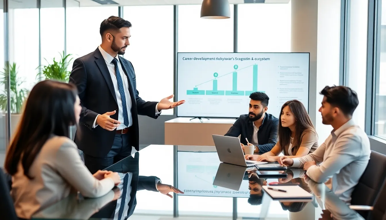 a manager leading a career development meeting in a modern office.