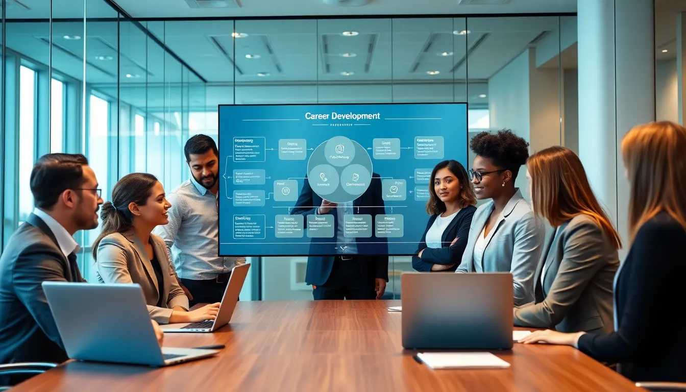 diverse professionals discussing career development in a modern office.