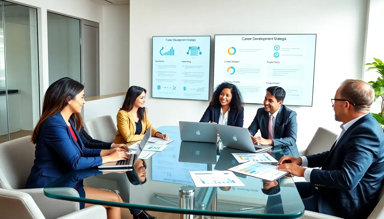 diverse professionals discussing career development plans in a modern office.