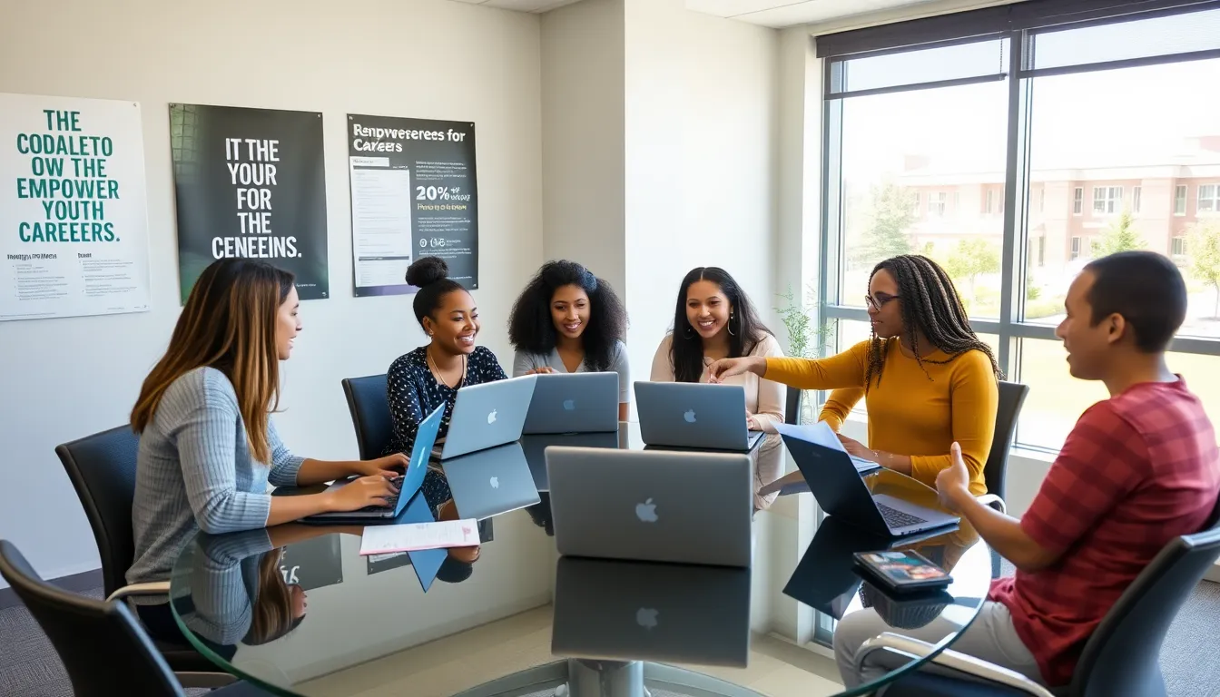 diverse students collaborating in a modern career development center.