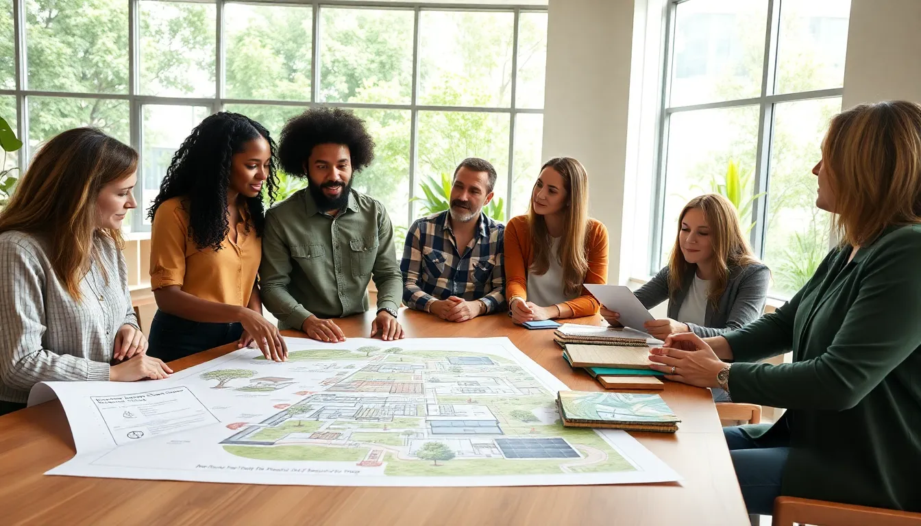 diverse builders discussing sustainable building practices in a modern office.