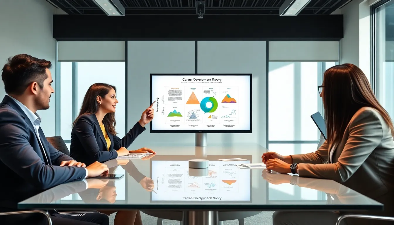 professionals discussing Donald Super's career development theory in a modern office.